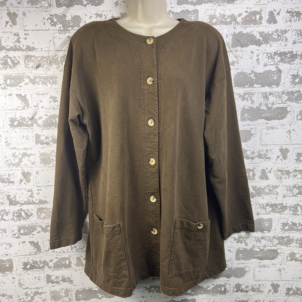 Vtg 80s One Way Design French Terry Sport Cardigan Brown OSFM Shoulder Pads USA